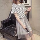 Set: Mock Two-piece Short-sleeve Mesh Dress + Slipdress