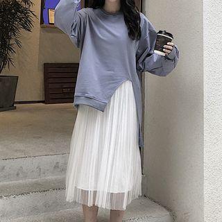 Asymmetric Pullover / Spaghetti Strap Midi Mesh Dress