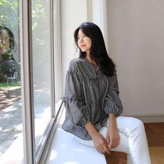 Open-placket Frill-trim Gingham Top