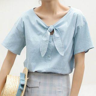 Bow Accent Plain Short Sleeve Shirt