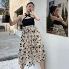 Halter-neck Lace Panel Midi A-line Dress