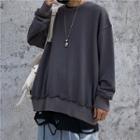 Distressed Panel Hem Round Neck Pullover