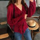 Plain V-neck Ruffle Long-sleeve Blouse Red - One Size