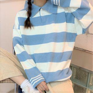 Long-sleeve Striped Polo Sweater