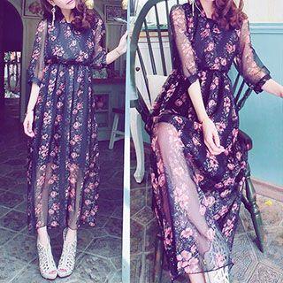 Elbow-sleeve Floral Maxi Dress