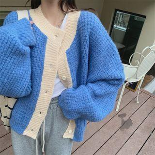 Round-neck Contrast Trim Long-sleeve Cardigan Blue - One Size