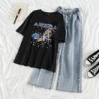 Short-sleeve Galaxy Print T-shirt / Washed Wide Leg Jeans