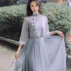 Frog-button Lace Cropped Blouse / Camisole / Mesh Maxi A-line Skirt / Set