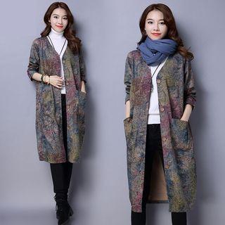 Floral Print Long Linen Blend Coat