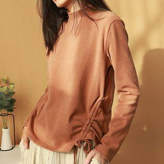 Long-sleeve Mock-turtleneck Plain Drawstring T-shirt