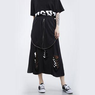 Distressed Zip Detail Midi A-line Skirt Black - One Size