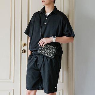 Set: Elbow-sleeve Black Top + Drawstring Shorts