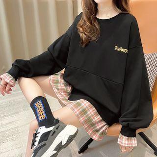 Mock Two-piece Long-sleeve Plaid Panel Lettering Sweatshirt