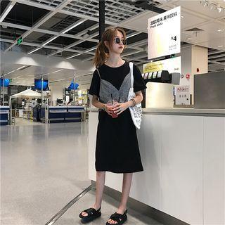 Set: Spaghetti Strap Plaid Top + Short-sleeve Midi T-shirt Dress