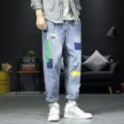 Distressed Color Block Cropped Straight-fit Jeans