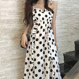 Polka Dot Ruffled Trim Sleeveless Dress