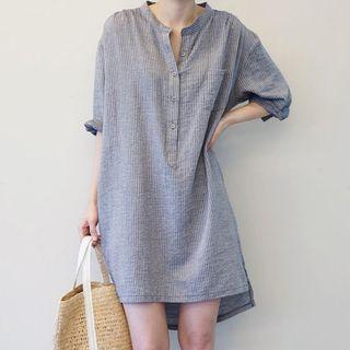 Elbow-sleeve Placket Striped Dress