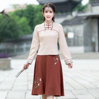 Long-sleeve Mock Neck Embroidered Top / Midi A-line Skirt / Hanfu Set