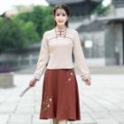 Long-sleeve Mock Neck Embroidered Top / Midi A-line Skirt / Hanfu Set