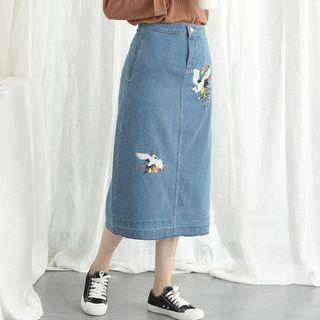 Crane Embroidered Midi A-line Denim Skirt