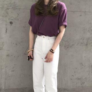 Short-sleeve Plain T-shirt Purple - One Size
