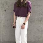 Short-sleeve Plain T-shirt Purple - One Size