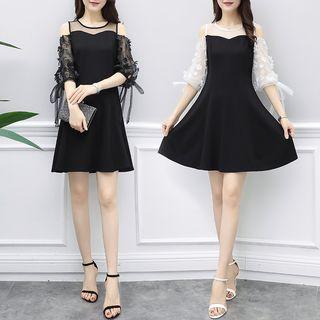 Elbow-sleeve Cold-shoulder A-line Dress
