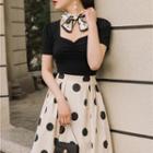 Set: Short-sleeve Shirred Top + Dotted Midi A-line Skirt