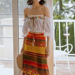 Elbow-sleeve Off-shoulder Crop Top White - One Size