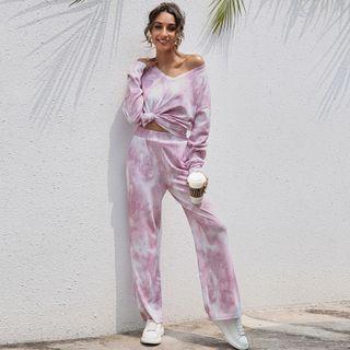Set: Tie-dyed Long-sleeve Top + High-waist Straight Leg Pants
