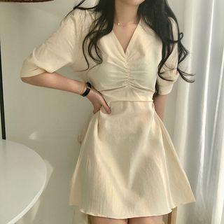 V-neck Ruched Lantern-sleeve Dress