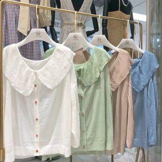 Long-sleeve Buttoned Wide Collar Knit Top