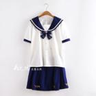 Set: Sailor Collar Short-sleeve Shirt + A-line Skirt