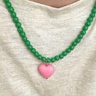 Heart Pendant Bead Necklace Green - One Size