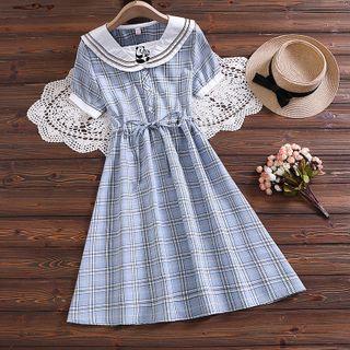 Short-sleeve Panda Embroidered Sailor Collar Plaid Midi A-line Dress