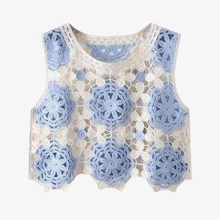 Color Block Crochet Flower Tank Top Blue - One Size