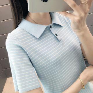 Short-sleeve Striped Polo Knit Top