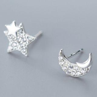 925 Sterling Silver Non-matching Moon & Star Earring 1 Pair - S925 Silver - One Size