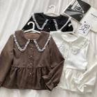 Single-breasted Peter-pan Collar Lace-trim Flare-sleeve Blouse