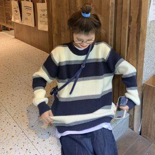 Striped Sweater Navy Blue & Gray & White - One Size