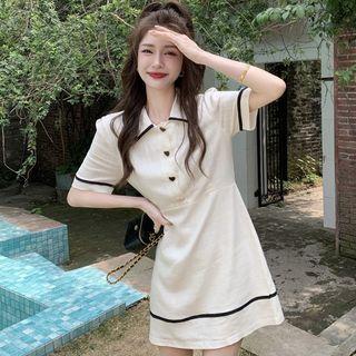 Elbow-sleeve Polo-neck Contrast Trim Mini A-line Dress