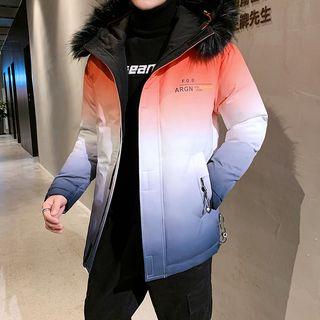 Gradient Letter Printed Furry Hooded Padded Coat