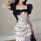 Short-sleeve Floral Frill Trim Sheath Dress Dress - One Size