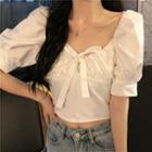 Plain Puff-sleeve Cropped Top White - One Size