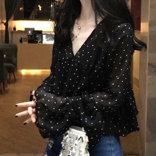 Bell-sleeve Dotted Chiffon Blouse As Shown In Figure - One Size