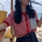 Patterned Short-sleeve Buttoned Knit Top
