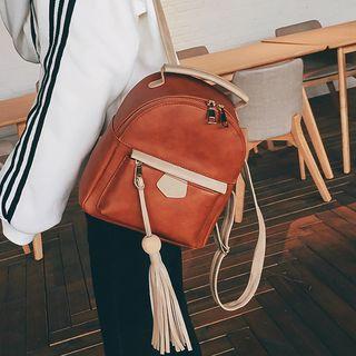 Two-tone Faux Leather Backpack With Tassel