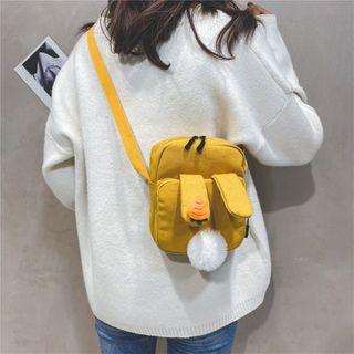 Carrot Embroidered Pom Pom Canvas Crossbody Bag