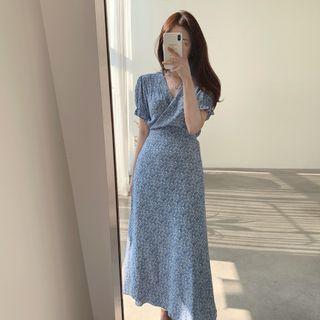Puff-sleeve V-neck Floral Drawstring Chiffon Dress Blue - One Size