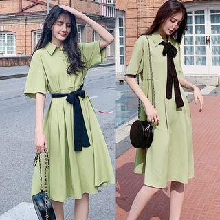 Elbow-sleeve Ribbon A-line Chiffon Dress